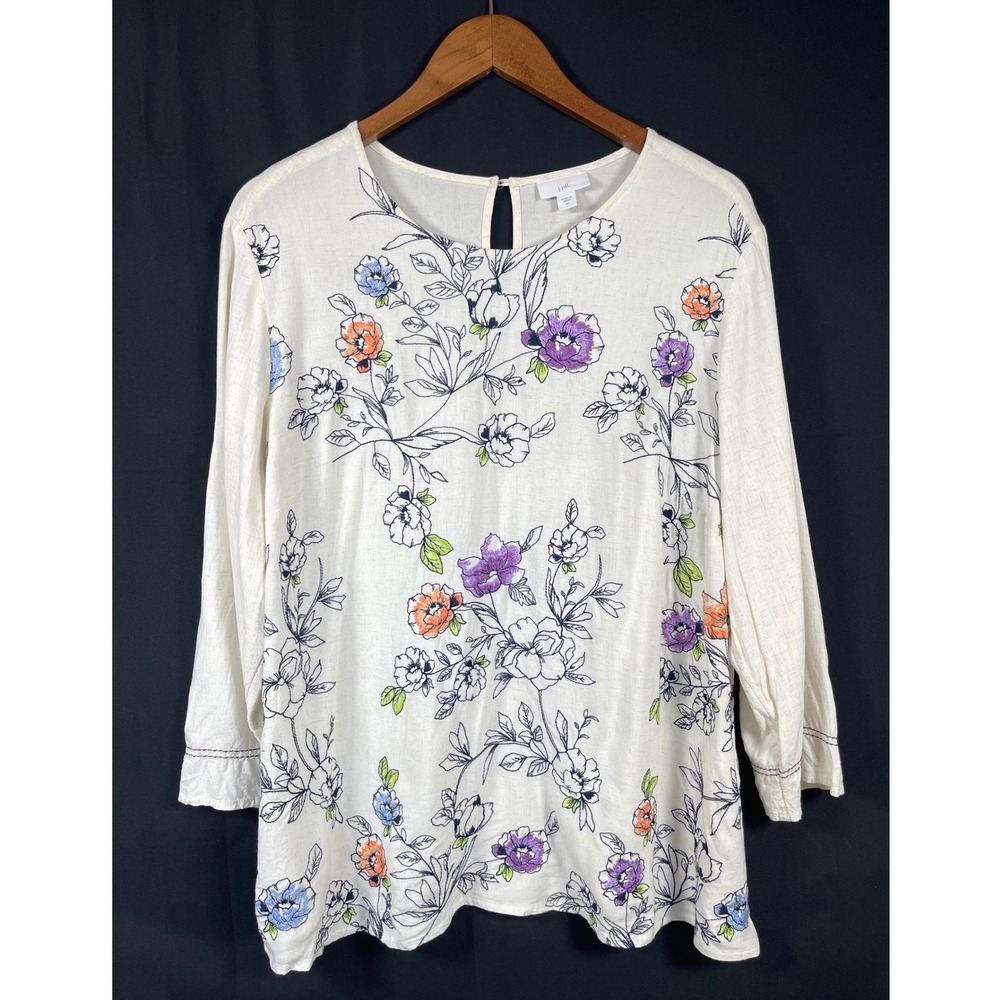 J.Jill Embroidered Linen Blend Floral Top XL 3/4 Sleeve Boho Artsy Cottagecore